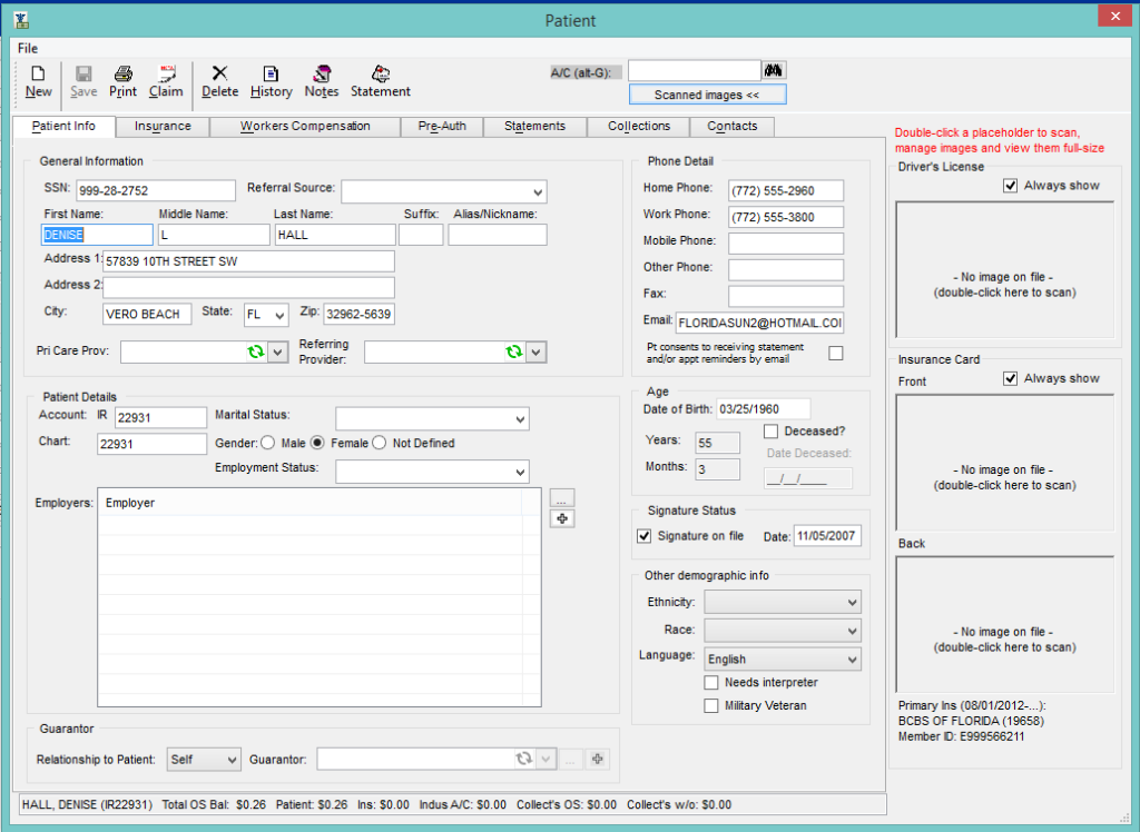 Patient demographics screen